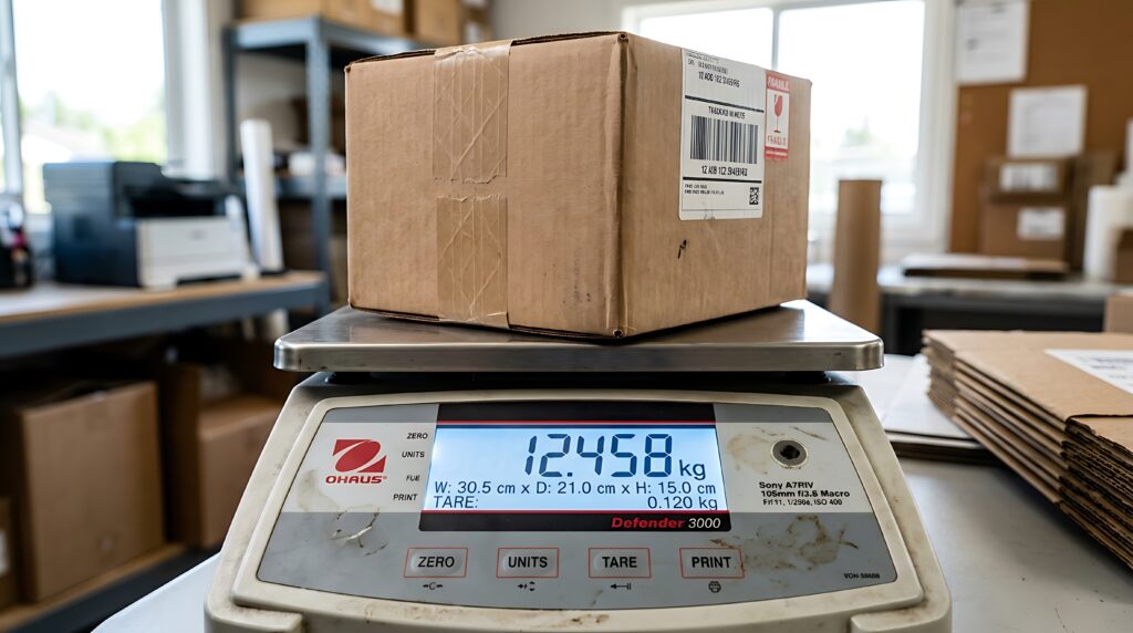 A cardboard parcel on a digital scale that shows its weight.